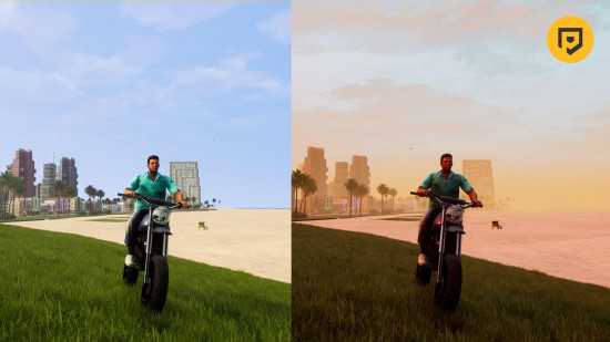 Atualização do GTA Definitive Edition: Uma imagem de Vice Beach com iluminação clássica.