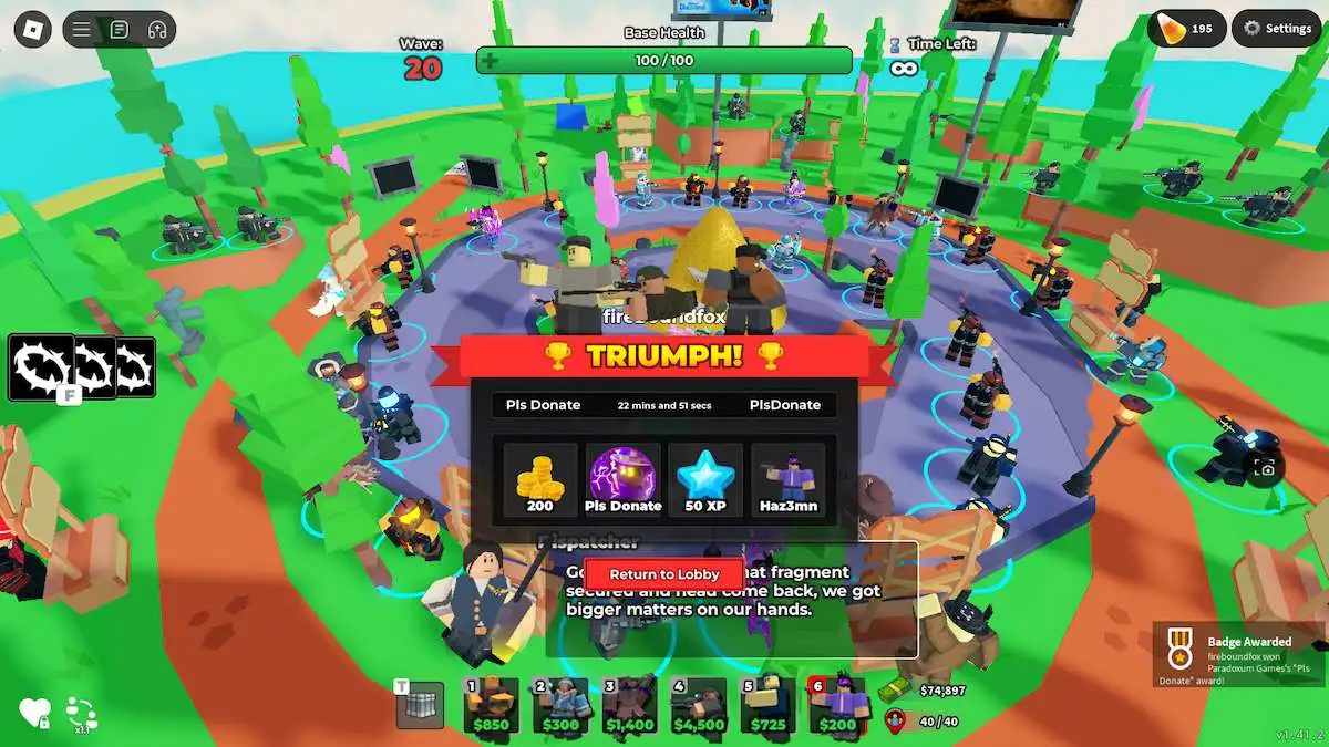 Um jogo finalizado no evento PLS DONATE x Tower Defense Simulator no Roblox.