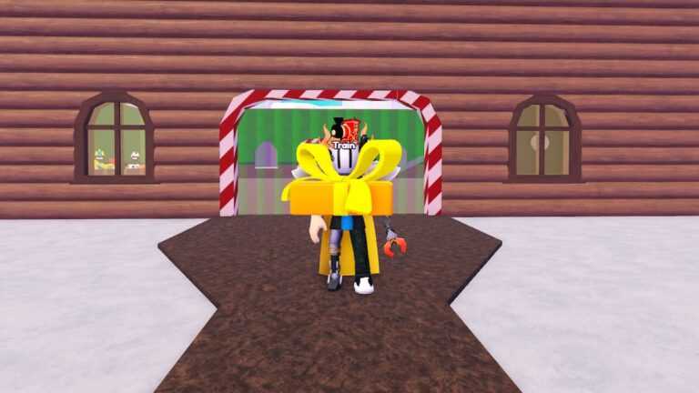 Roblox Christmas Tycoon Holding Orange Present With Yellow Bow Outside Log Cabin