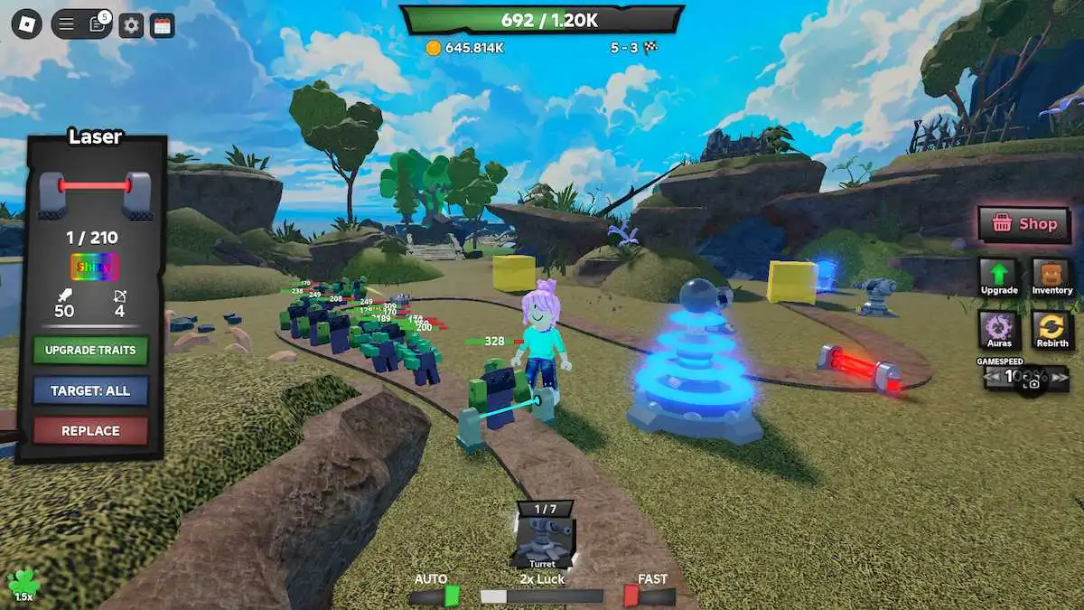 Uma armadilha de laser com o traço Shiny no Roblox Tower Defense RNG.