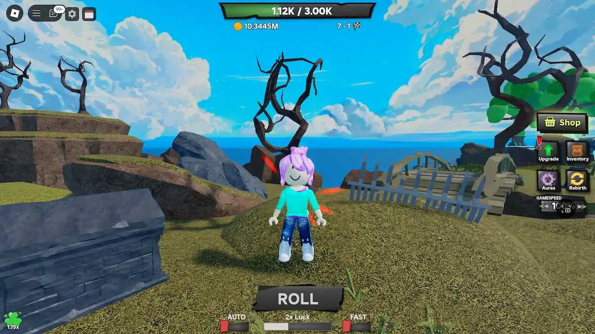 O botão Roll no Roblox Tower Defense RNG.