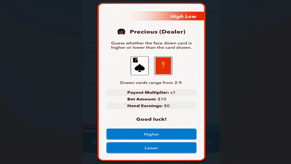 O jogo de cassino High Low em BitLife