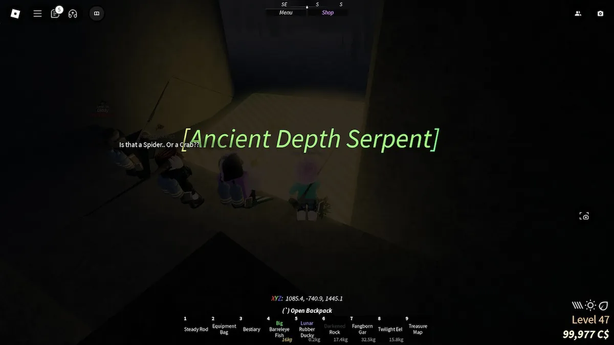 Uma área de spawn para a Ancient Depth Serpent em The Depths no Roblox Fisch.