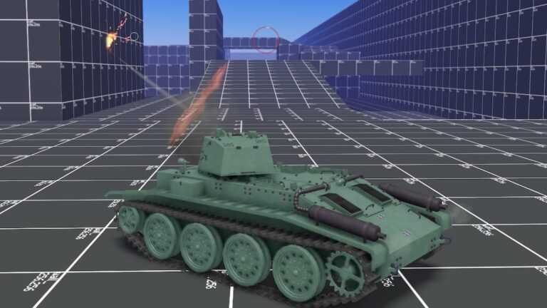 Roblox Cursed Tank Simulator Green Tank On Grid Surface Firing Shell