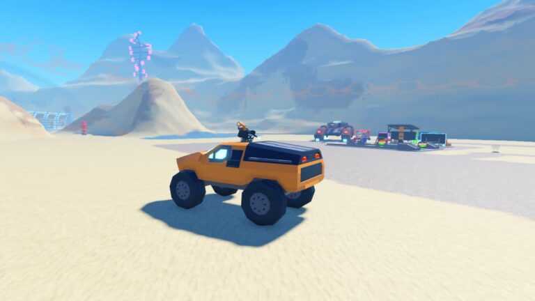 Roblox Space Armory Tycoon Riding An Orange Vehicle On Sand