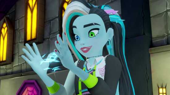 Entrevista Monster High Skulltimate Secrets: uma captura de tela de Frankie usando seus poderes relâmpago no jogo