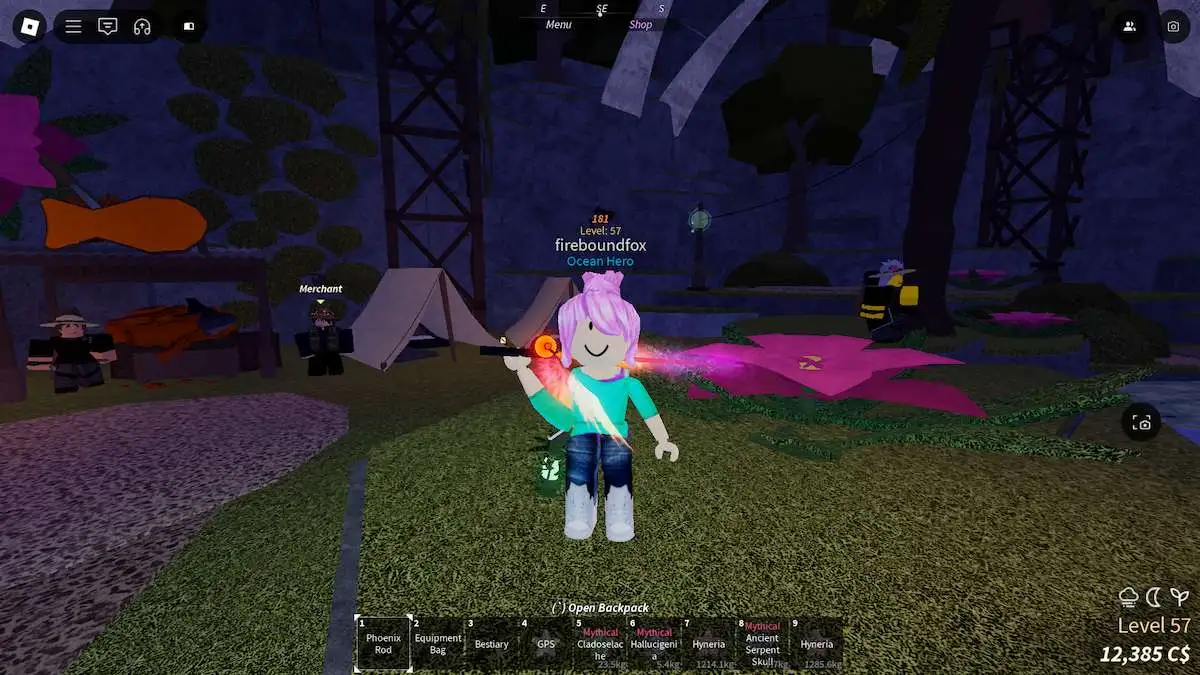 Usando a haste Pheonix em Roblox Fisch.