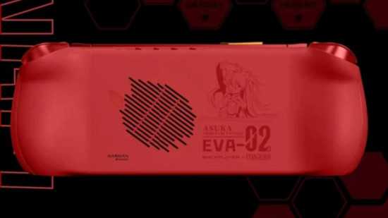 Imagem oficial do portátil para jogos New Evangelion tem especificações que envergonham o Steam Deck, mostrando a parte de trás da edição OneXFly F1 Pro EVA-02