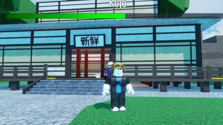 Roblox Jujust Tycoon diante de um Dogo com Gojo do lado de fora