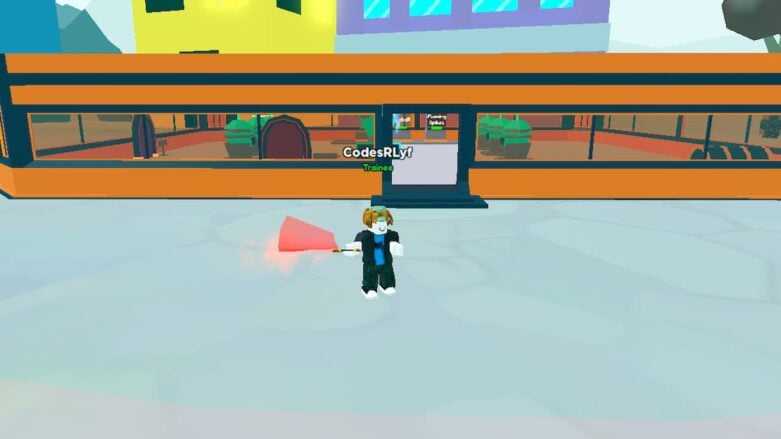 Roblox Power Legendstycoon empunhando uma espada flamejante fora da base