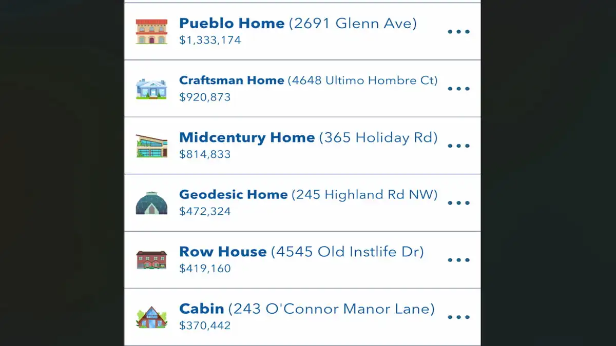 Lista de casas à venda em BitLife