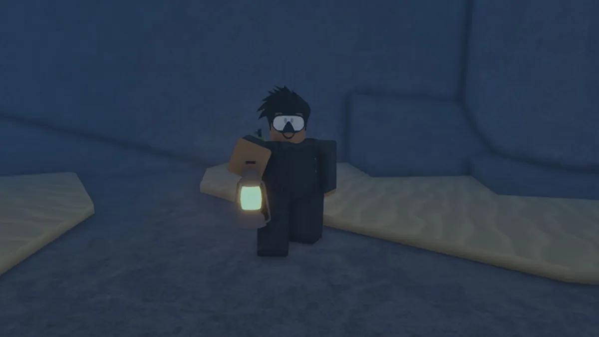 Um NPC chamado Clarence em pé com uma lâmpada em Desolate Pocket em Roblox Fisch.