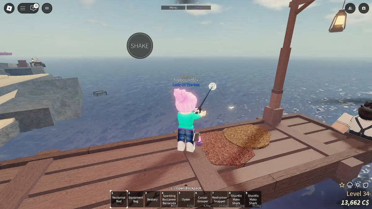 Pescando um mapa do tesouro em Fisch no Roblox.