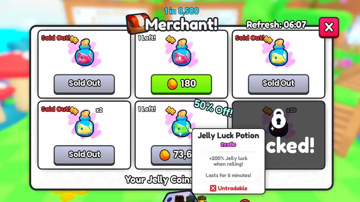 O menu Jelly Merchant em PETS GO