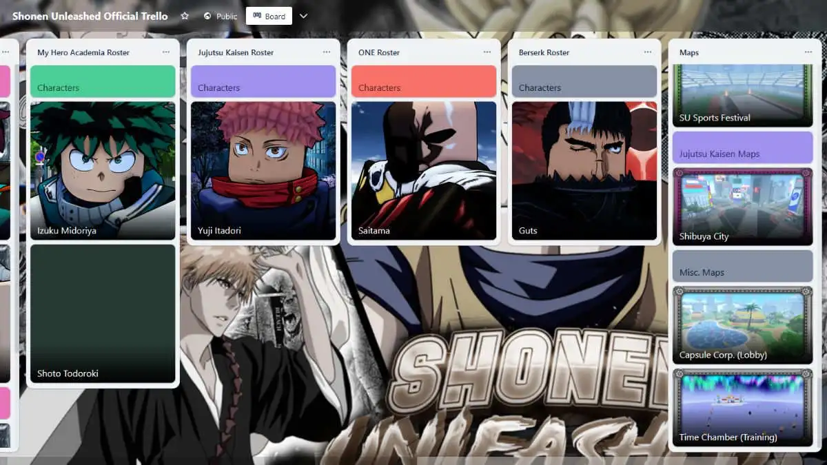 Quadro oficial do Roblox Shonen Unleashed Trello