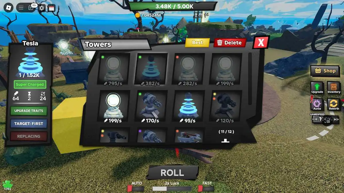 O menu Torres no Tower Defense RNG no Roblox.