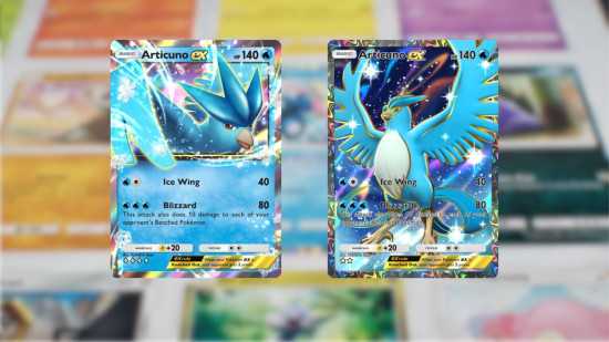 Cartas Pokémon TCG Pocket - duas cartas articuno EX diferentes em um fundo desfocado