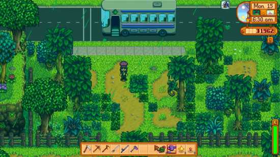 Stardew Valley Green Rain – Pelican Town tomada por ervas daninhas e árvores durante o evento