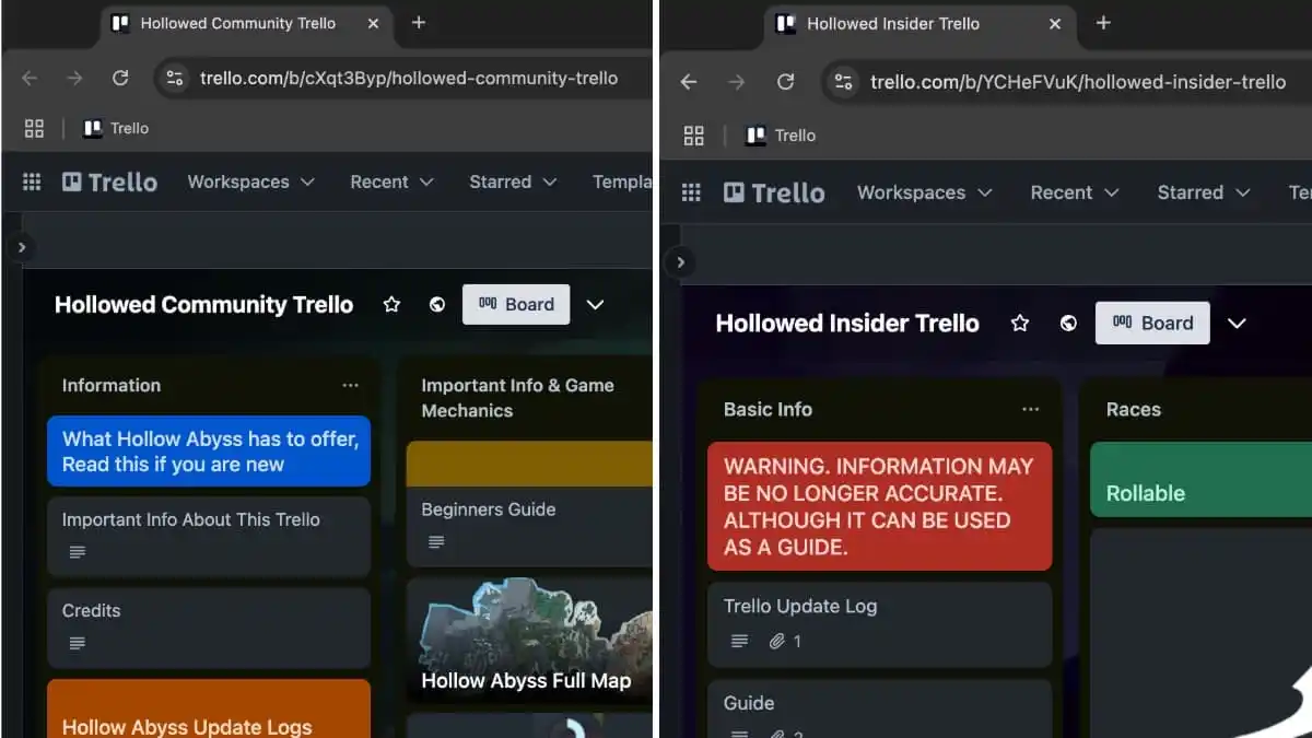 Colagem de placas Hollowed Roblox Insider e Community Trello.