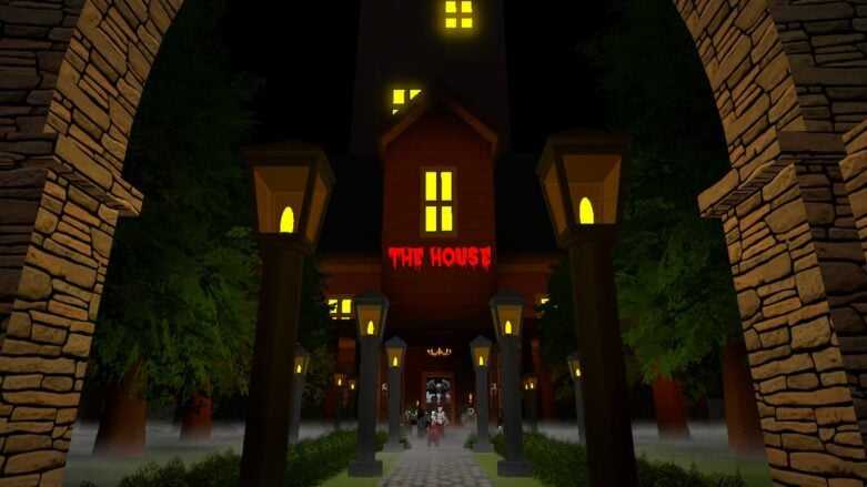 Roblox The House Td mostrando a casa através do arco e das luzes da rua