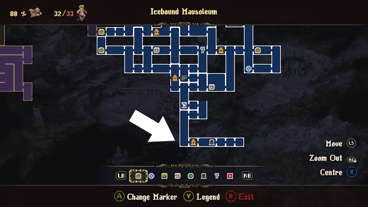 Mapa para o chefe final de uma masmorra em Blasphemous 2.