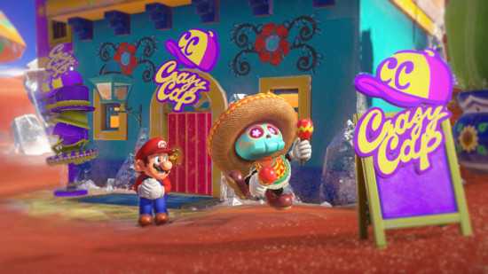 Crítica de Super Mario Odyssey – Mario parecendo nervoso enquanto estava ao lado de um esqueleto de mariachi