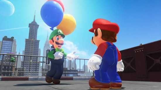 Crítica de Super Mario Odyssey – Luigi segurando um monte de balões enquanto conversa com Mario