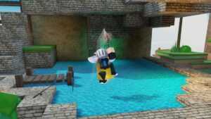 A Roblox character in a medieval-style dungeon setting with stone walls and greenery. The character is wearing a white and black outfit with a helmet, standing on water with a magical effect underfoot, suggesting an action or special ability being used. In the background, there’s a fishing rod beside the water, green platforms to the side, and an open area leading to daylight above.