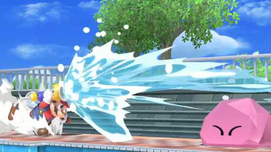 Revisão de Super Smash Bros Ultimate – Mario atirando em Kirby com uma pistola de água