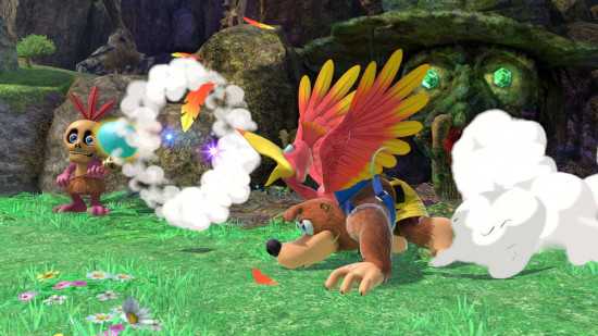 Revisão de Super Smash Bros Ultimate – Banjo-Kazooie agachado na grama