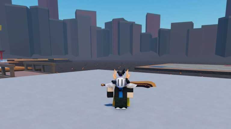 Roblox Duel Warriors Standing On Grey Floor Holding A Two Handed Sword Behind Neck