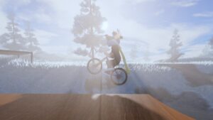 Roblox Greenpeak Avatar Riding Bike Over Ramp In Air As Sun Glares On Snow