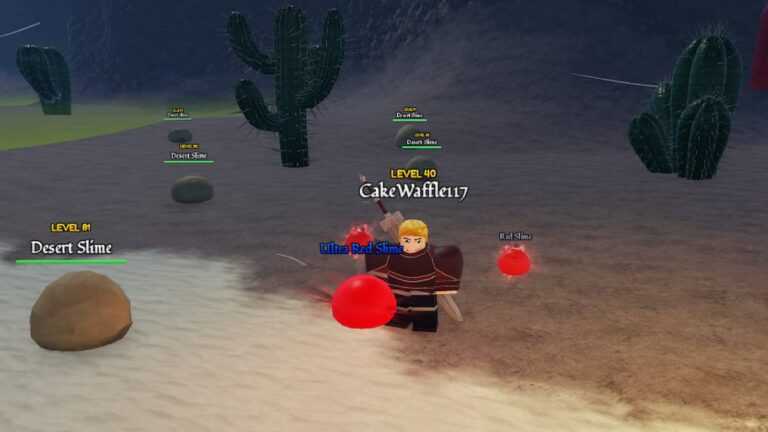 Roblox Slime Slaying Simulator Avatar Standing Next To Red Slimes In A Desert With Cacti