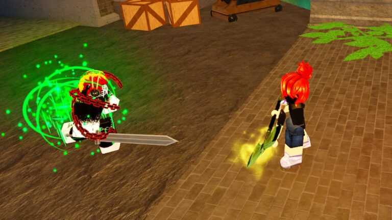 Roblox Sword Duels One Player Red Chains Green Aura Other Player Red Hair Yellow Axe