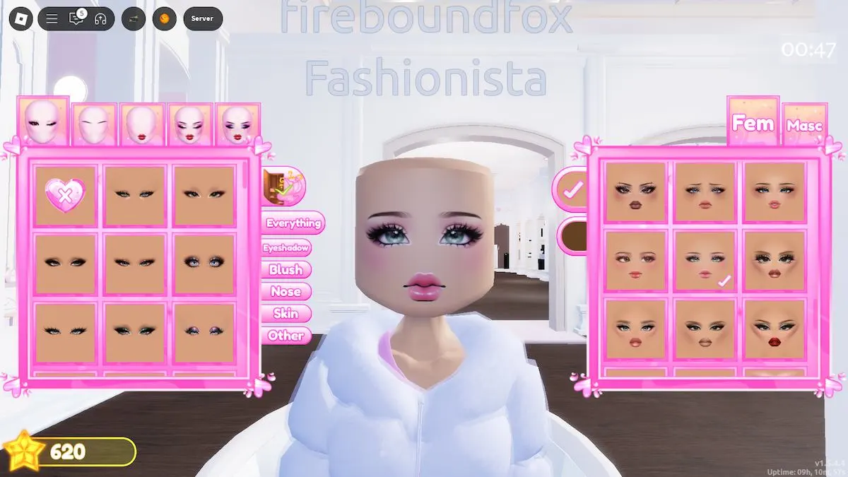 Escolhendo maquiagem para um estilo Harajuku em vestido Roblox para impressionar.