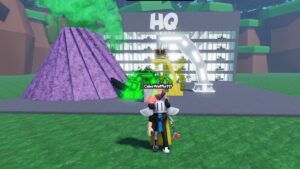 Roblox Dropper Incremental Tycoon Standing In Front Of Toxic Volcano And Hq Building