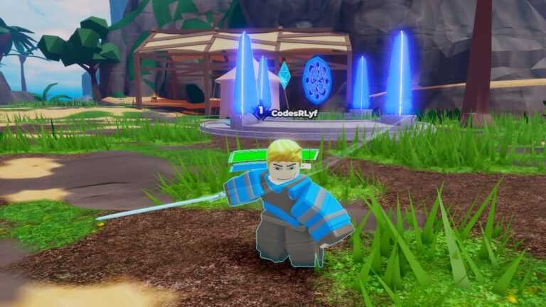 Roblox Sword Fantasy Blue Tunic Avatar Swinging Sword With Blue Towers Behind