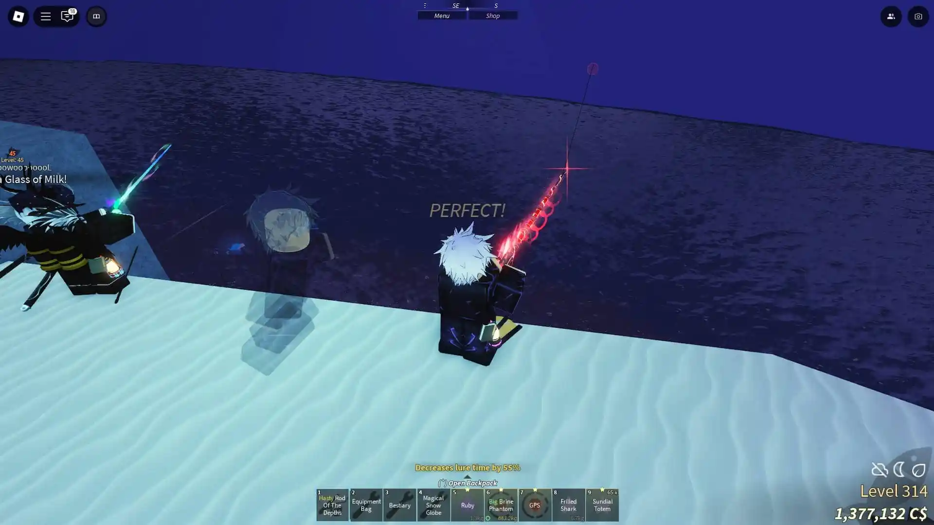 jogador pescando em Winter Village na experiência Fisch Roblox