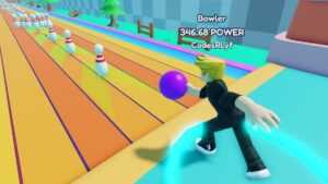 Roblox Bowling Simulator Holding A Purple Bowling Ball About To Let Go Down Lane