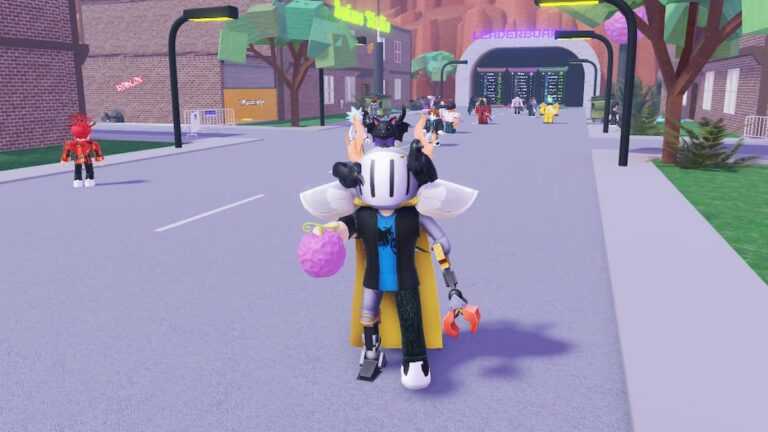 Roblox Sell Anime Items To Rule The Multiverse Avatar Wearing Helmet Holding Pink Rubber Fruit