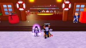 Roblox Anime Ultimate Simulator Standing With Glowing Purple Unit Outside A Bar