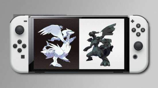 Previsões para 2024: A arte principal do Pokémon Black and White sobreposta à tela de um modelo OLED do Nintendo Switch. Isto é colado em um fundo em escala de cinza