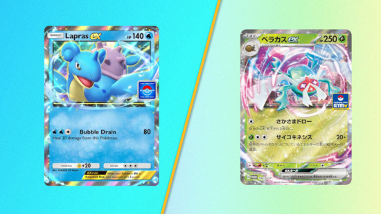 Pokémon TCG Pocket vs Live: Uma imagem dividida separada por uma linha diagonal de manga. O lado esquerdo é uma promoção carimbada do ex de Lapras do Pocket em um fundo azul. À direita está um ex-cartão da Rabsca carimbado pela Academia Japonesa em um fundo verde claro a amarelo