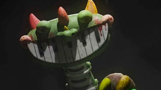 Teorias do capítulo 4 do Poppy Playtime: um close do Pianossauro mostrando suas teclas parecidas com as de um piano no lugar dos dentes