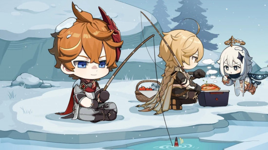 Arte chibi oficial mostrando Childe pescando no gelo com Aether e Paimon ao lado dele