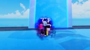 Roblox Aura Battles Standing On Blue Floor Avatar Surrounded By Dark Thunder Aura