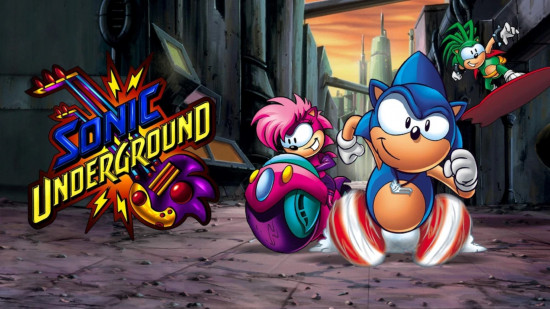 Jogo de ritmo Sonic: arte principal do Sonic Underground mostrando Sonic, Sonia e Manic ao lado do logotipo