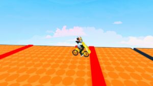 Roblox Bike Obby Avatar On Yellow Bike On Orange Floor Jumping Over Red Laser