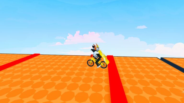 Roblox Bike Obby Avatar On Yellow Bike On Orange Floor Jumping Over Red Laser