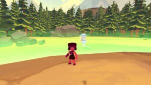 Roblox Gemventure Red Avatar With Blue Fairy Standing Near Green Grass And Trees